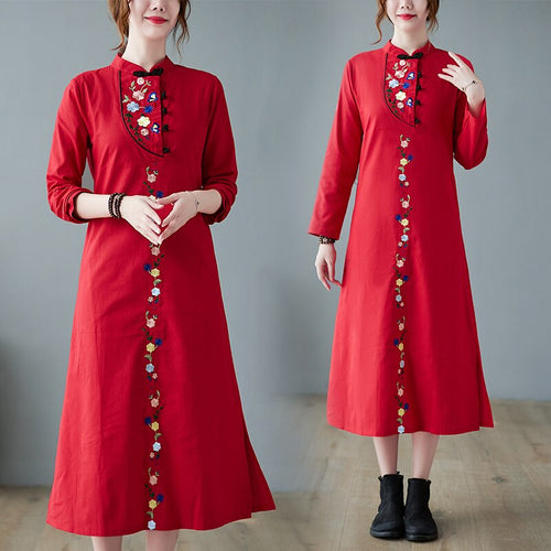 Cotton and Linen Long Sleeve Stand Collar Floral Embroidery Improved Cheongsam Women Autumn Casual Vintage Midi Dress New Year