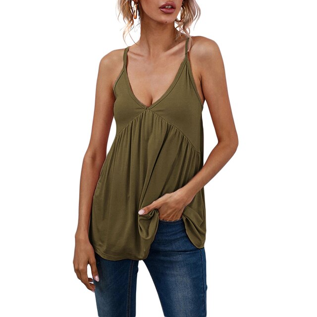 Crop Top Women Camisole Loose V Neck Spaghetti Strap Top Sleeveless Tank-Tops Solid Vest Shirt Spring Summer Beach Femme Fashion