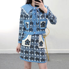 Load image into Gallery viewer, Crop Top and Skirt 2021 2 Piece Set Women Skirt Contrast Color Flower Jacquard Knitted Cardigan Sweater + Mini Skirt Suit Outfit