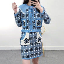 Load image into Gallery viewer, Crop Top and Skirt 2021 2 Piece Set Women Skirt Contrast Color Flower Jacquard Knitted Cardigan Sweater + Mini Skirt Suit Outfit