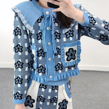 Load image into Gallery viewer, Crop Top and Skirt 2021 2 Piece Set Women Skirt Contrast Color Flower Jacquard Knitted Cardigan Sweater + Mini Skirt Suit Outfit