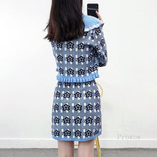 Load image into Gallery viewer, Crop Top and Skirt 2021 2 Piece Set Women Skirt Contrast Color Flower Jacquard Knitted Cardigan Sweater + Mini Skirt Suit Outfit