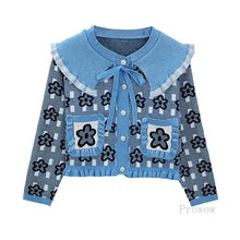 Load image into Gallery viewer, Crop Top and Skirt 2021 2 Piece Set Women Skirt Contrast Color Flower Jacquard Knitted Cardigan Sweater + Mini Skirt Suit Outfit