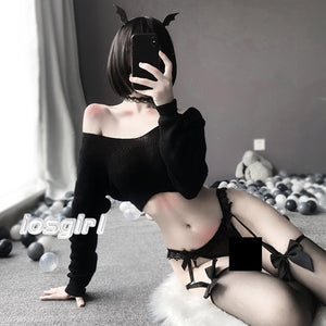 Cute Anime Cosplay Fancy Dress Erotic Lingerie with Pantie Angel and Devil Sexy Temptation V-neck Short Knit  Pajama Set