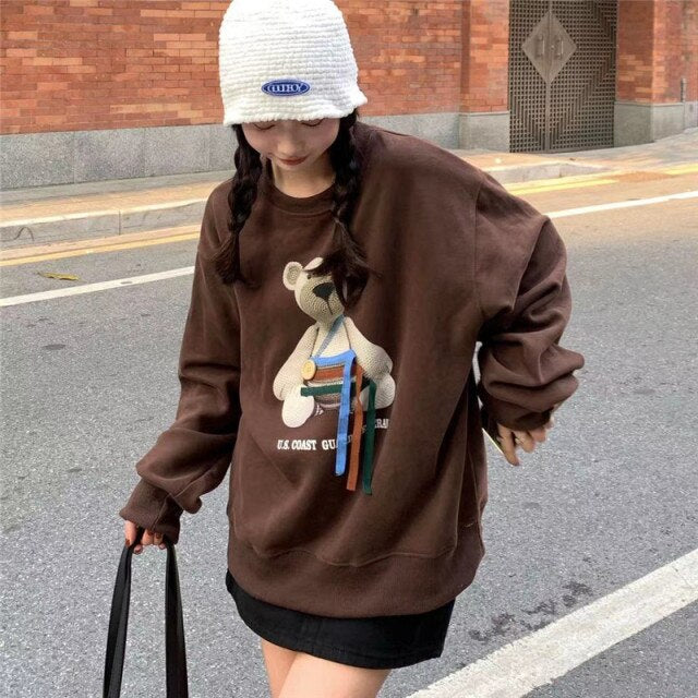 Cute Bear Print Pullover for Lady Button Hoodie Oversized Ribbon Sweatshirt Long Sleeve Aesthetic Korean Streetwear Women Top