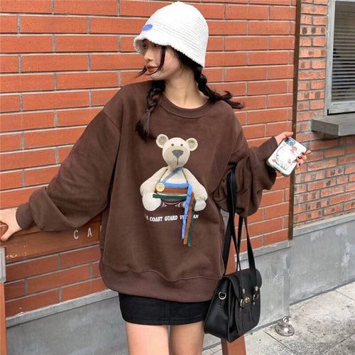 Cute Bear Print Pullover for Lady Button Hoodie Oversized Ribbon Sweatshirt Long Sleeve Aesthetic Korean Streetwear Women Top