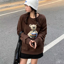 Load image into Gallery viewer, Cute Bear Print Pullover for Lady Button Hoodie Oversized Ribbon Sweatshirt Long Sleeve Aesthetic Korean Streetwear Women Top