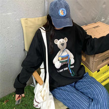 Load image into Gallery viewer, Cute Bear Print Pullover for Lady Button Hoodie Oversized Ribbon Sweatshirt Long Sleeve Aesthetic Korean Streetwear Women Top