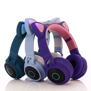Cute Cat Bluetooth 5.0 Headset Wireless Hifi Music Stereo Bass Headphones LED Light Mobile Phones Girl Daughter Headset For PC