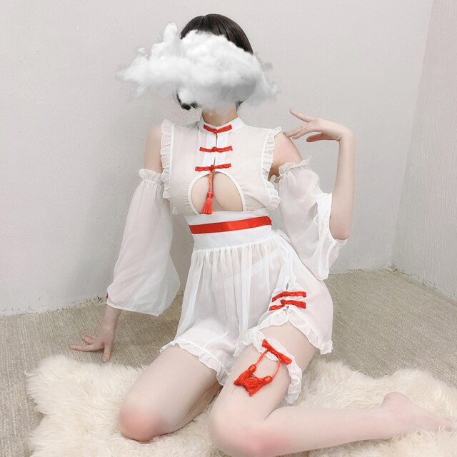 Cute Cheongsam Witch Cosplay Costume Black White Sexy Perspective Dress Retro Lovely Mesh Temptation Classical Kawaii Lingerie