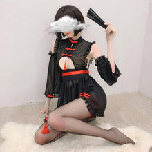 Load image into Gallery viewer, Cute Cheongsam Witch Cosplay Costume Black White Sexy Perspective Dress Retro Lovely Mesh Temptation Classical Kawaii Lingerie