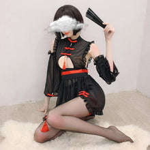 Load image into Gallery viewer, Cute Cheongsam Witch Cosplay Costume Black White Sexy Perspective Dress Retro Lovely Mesh Temptation Classical Kawaii Lingerie