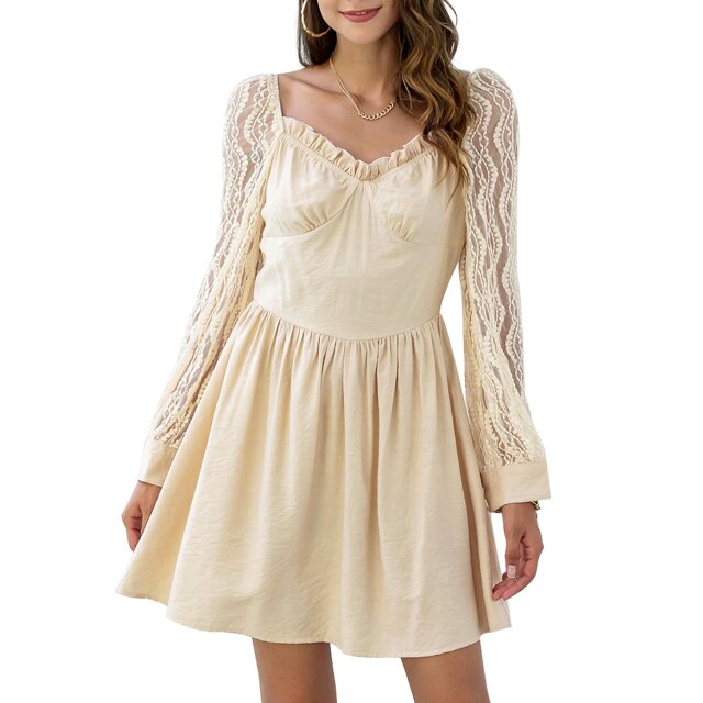 Cute Dress Women's Fashion Solid Ruffle V Neck Long Lantern Sleeve High Waist 2021 Casual Mini Dress Vestidos Female Loose Party