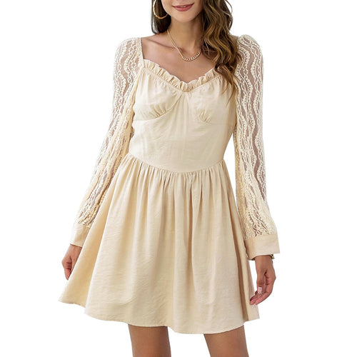 Cute Dress Women's Fashion Solid Ruffle V Neck Long Lantern Sleeve High Waist 2021 Casual Mini Dress Vestidos Female Loose Party