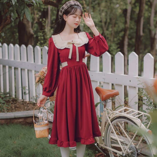 Cute Elegant Dress Long Sleeve Female Fall Bow Lotus Leaf Stitching Doll Collar Sweet Soft Sister Kawaii Dress Red Vintage Dress