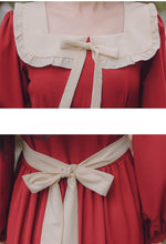 Load image into Gallery viewer, Cute Elegant Dress Long Sleeve Female Fall Bow Lotus Leaf Stitching Doll Collar Sweet Soft Sister Kawaii Dress Red Vintage Dress