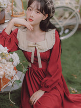 Load image into Gallery viewer, Cute Elegant Dress Long Sleeve Female Fall Bow Lotus Leaf Stitching Doll Collar Sweet Soft Sister Kawaii Dress Red Vintage Dress