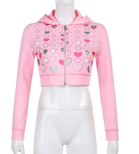 Load image into Gallery viewer, Cute Heart Printed Cropped Hoodie Women Autumn Harajuku Pink Zip Up Hooded Swearshirt Girls Cotton Soft Streetwear 2022 New