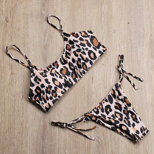 Cute Pink Bandeau Bikini Set Swimwear Sexy Women High Leg Swimsuit Tie Side Bottoms Bikini 2 Piece Bathing Suits Leopard