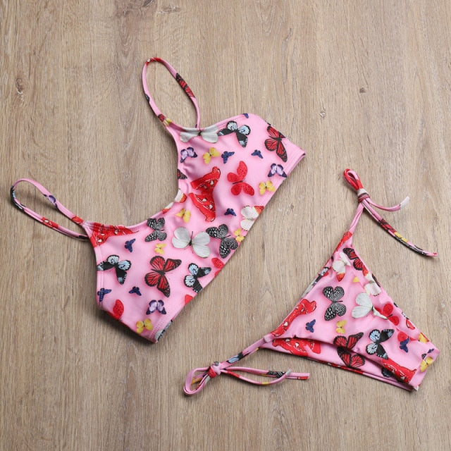 Cute Pink Bandeau Bikini Set Swimwear Sexy Women High Leg Swimsuit Tie Side Bottoms Bikini 2 Piece Bathing Suits Leopard