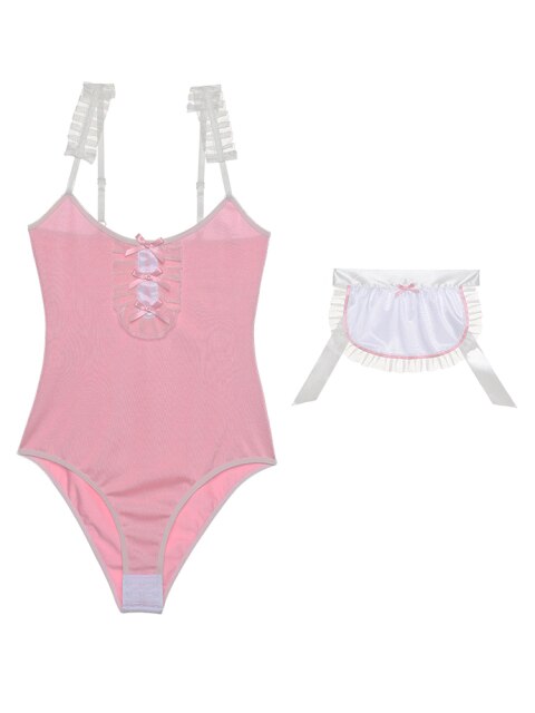 Cute Pink Maid Uniforms Sexy Lace Sling Leotard with Ruffles Aprons Women Rabbit Bunny Cosplay Costume Erotic Lingerie Outfit