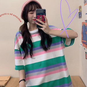 Cute Rainbow Tshirt Streetwear Summer Oversized Cartoon Women Harajuku Short Sleeves Tops Tee Hip Hop Kawaii Tshirt Funny Femme
