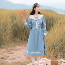 Load image into Gallery viewer, Cute Sweet Embroidered Dress Japanese Soft Girl Blue Vestidos Female Autumn Navy Collar College Style One Piece Dress Y2K Women