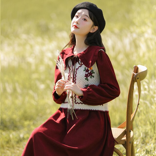 Cute Sweet Two Piece Set Women Outfits V-neck Crochet Vest Sweater Coat Ruffled Peter pan Collar Lovely Dress Gentle Suit Female