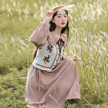 Load image into Gallery viewer, Cute Sweet Two Piece Set Women Outfits V-neck Crochet Vest Sweater Coat Ruffled Peter pan Collar Lovely Dress Gentle Suit Female