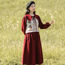 Load image into Gallery viewer, Cute Sweet Two Piece Set Women Outfits V-neck Crochet Vest Sweater Coat Ruffled Peter pan Collar Lovely Dress Gentle Suit Female