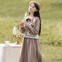 Load image into Gallery viewer, Cute Sweet Two Piece Set Women Outfits V-neck Crochet Vest Sweater Coat Ruffled Peter pan Collar Lovely Dress Gentle Suit Female