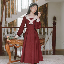 Load image into Gallery viewer, Cute and Sweet Japanese Kawaii Dress Women Fall 2021 Beaded Bowknot Cross Lace Peter pan Collar Dresses Lovely Women Clothing