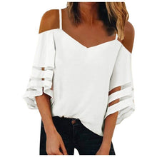 Load image into Gallery viewer, Daisy Print V Neck Elegant Blouse Shirt Women 2021 Summer Off Shoulder Flare Sleeve Mesh Patchwork Tops Femme Summer Blouses