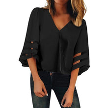 Load image into Gallery viewer, Daisy Print V Neck Elegant Blouse Shirt Women 2021 Summer Off Shoulder Flare Sleeve Mesh Patchwork Tops Femme Summer Blouses