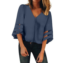 Load image into Gallery viewer, Daisy Print V Neck Elegant Blouse Shirt Women 2021 Summer Off Shoulder Flare Sleeve Mesh Patchwork Tops Femme Summer Blouses