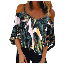 Load image into Gallery viewer, Daisy Print V Neck Elegant Blouse Shirt Women 2021 Summer Off Shoulder Flare Sleeve Mesh Patchwork Tops Femme Summer Blouses
