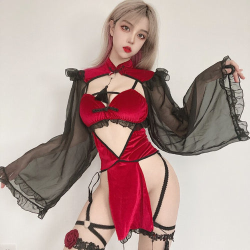 Dark Witch Hollow Mesh Sleeve Cheongsam Dress Bandage Halloween Uniform Sexy Lingerie Devil Cosplay Costumes Live Show Outfits