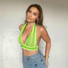Load image into Gallery viewer, Deep V Neck Bandage Stripe Crop Top Knitted Sexy Summer Blue Backless Sleeveless Casual Off Shoulder Halter Tank Tops Party Vest