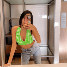 Load image into Gallery viewer, Deep V Neck Bandage Stripe Crop Top Knitted Sexy Summer Blue Backless Sleeveless Casual Off Shoulder Halter Tank Tops Party Vest