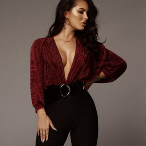 Deep V-Neck Pleated Sexy Bodysuit Women Fashion Long Sleeve Loose Women Rompers Spring Casual Bodysuit Jumpsuit 2021 Tops