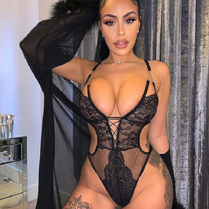 Deep V-Neck Plunge Strappy Sheer Sexy Lace Bodysuit Club Female Body See Through Backless Bodysuit Thong Teddy