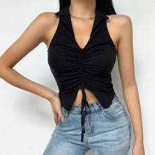 Load image into Gallery viewer, Deep V-Neck Sexy Sleeveless Tank Top Women Summer Crop Tops Ruched Drawstring Black Fashion Skinny Elastic Streetwear