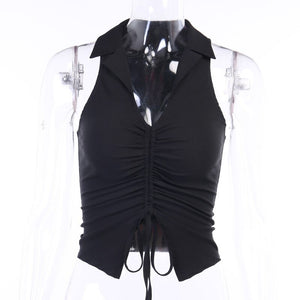 Deep V-Neck Sexy Sleeveless Tank Top Women Summer Crop Tops Ruched Drawstring Black Fashion Skinny Elastic Streetwear