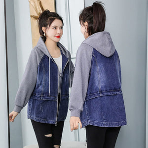 Denim Jacket Female Spring 2022 New Casual Fashion Loose Patchwork Casual Hooded Jeans Coat Top Befree Korean Fashion Outerwear