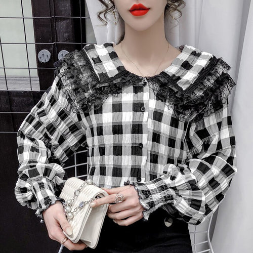 Doll Collar Plaid Lace Shirt New 2021 Spring Long Sleeve Women's Blouse Shirt Elegant Slim Office Lady Tops Blusas