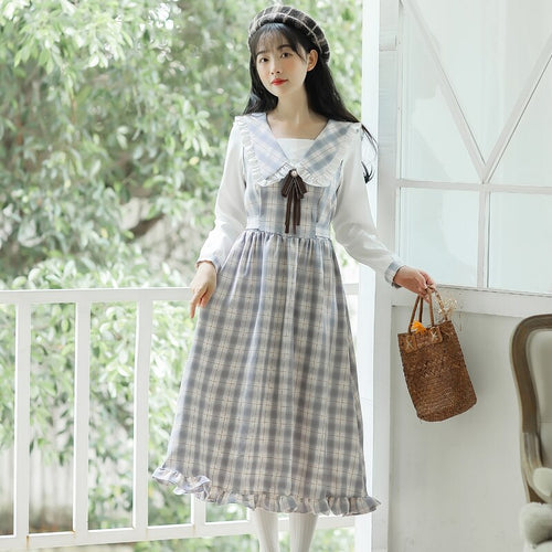 Doll Collar Sweet Plaid Retro Kawaii Dress Soft Girl Loli Style Dress Female Lovely College Style Dress Y2K Women Clothing 2021