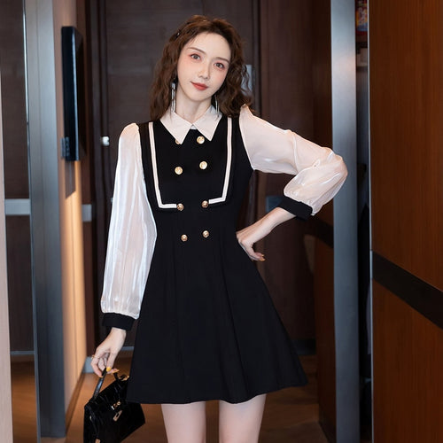 Double Breasted Long Sleeve Patchwork Party Mini Dresses Women Autumn Turndown Collar High Waist Fashion Slim Dress Female 2021