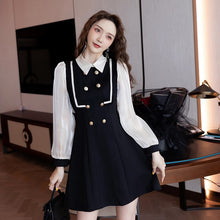Load image into Gallery viewer, Double Breasted Long Sleeve Patchwork Party Mini Dresses Women Autumn Turndown Collar High Waist Fashion Slim Dress Female 2021