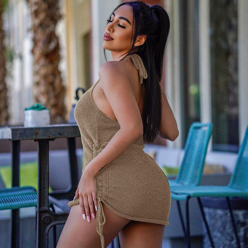 Drawstring Ruched Sexy Knit Halter Backless Mini Dress Club Party 2021 Summer Elegant Sheath Slim Dresses Bodycon Women Clothes