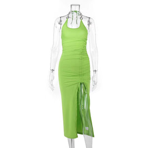 Drawstring Women&#39;s Dress Summer Sleeveless Draped Skinny Sexy Midi Dresses Solid Backless Thigh Slit Party Dress Women Robe